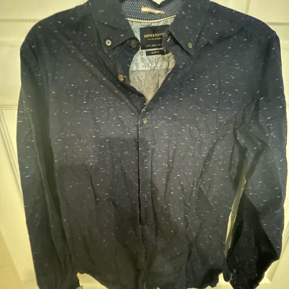 Denim and flower Navy Button-Up Shirt